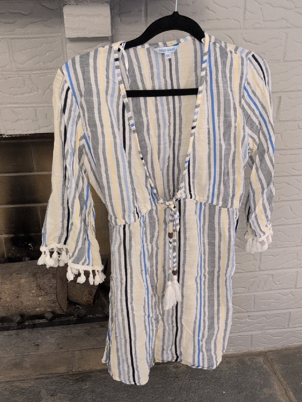 blue island Striped Tassel Tie Beach Cover-Up in White, Blue & Gray